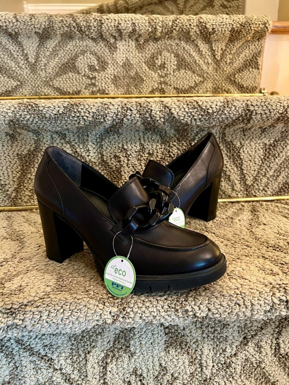 NWOB Paul Green Chunky Black Leather Heeled Chain Loafers Pumps Size 4.5 or US 7 - Picture 6 of 9